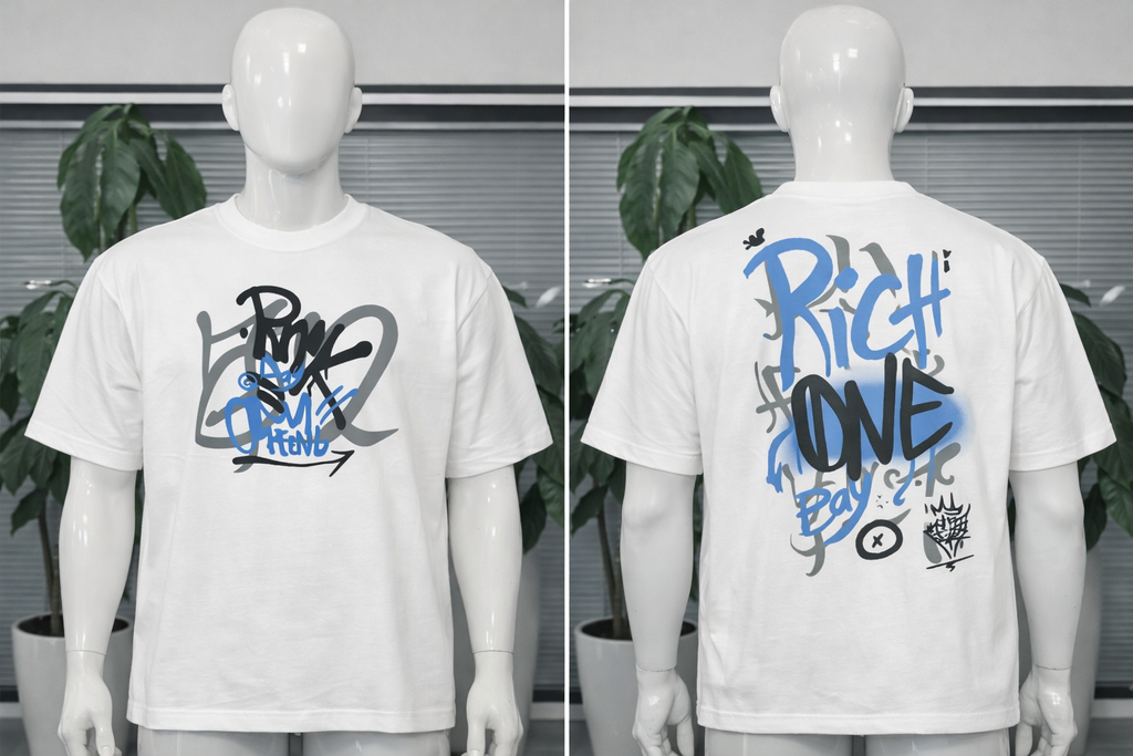 T-shirt Oversize Blanc Street Art “Rich One Boy” – Design Graffiti | Taille L